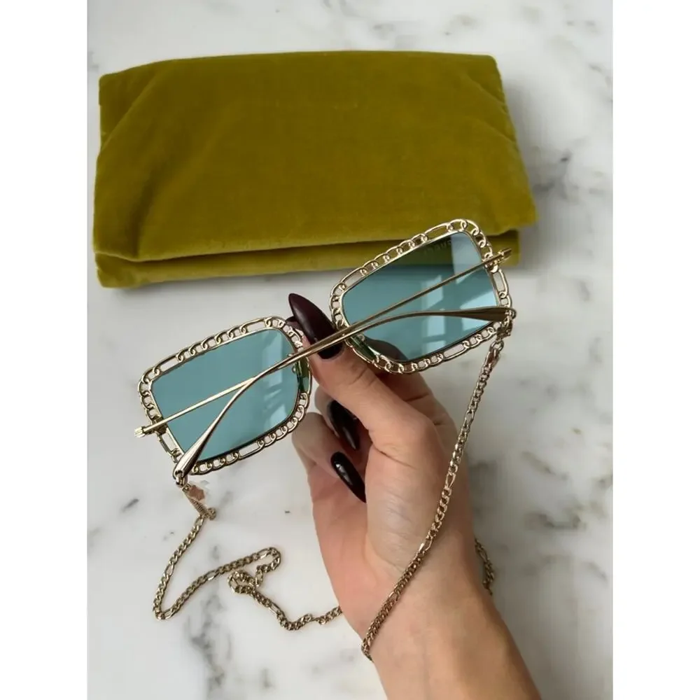 NEW Gucci GG1112S Gold Blue Lens Chain Sunglasses